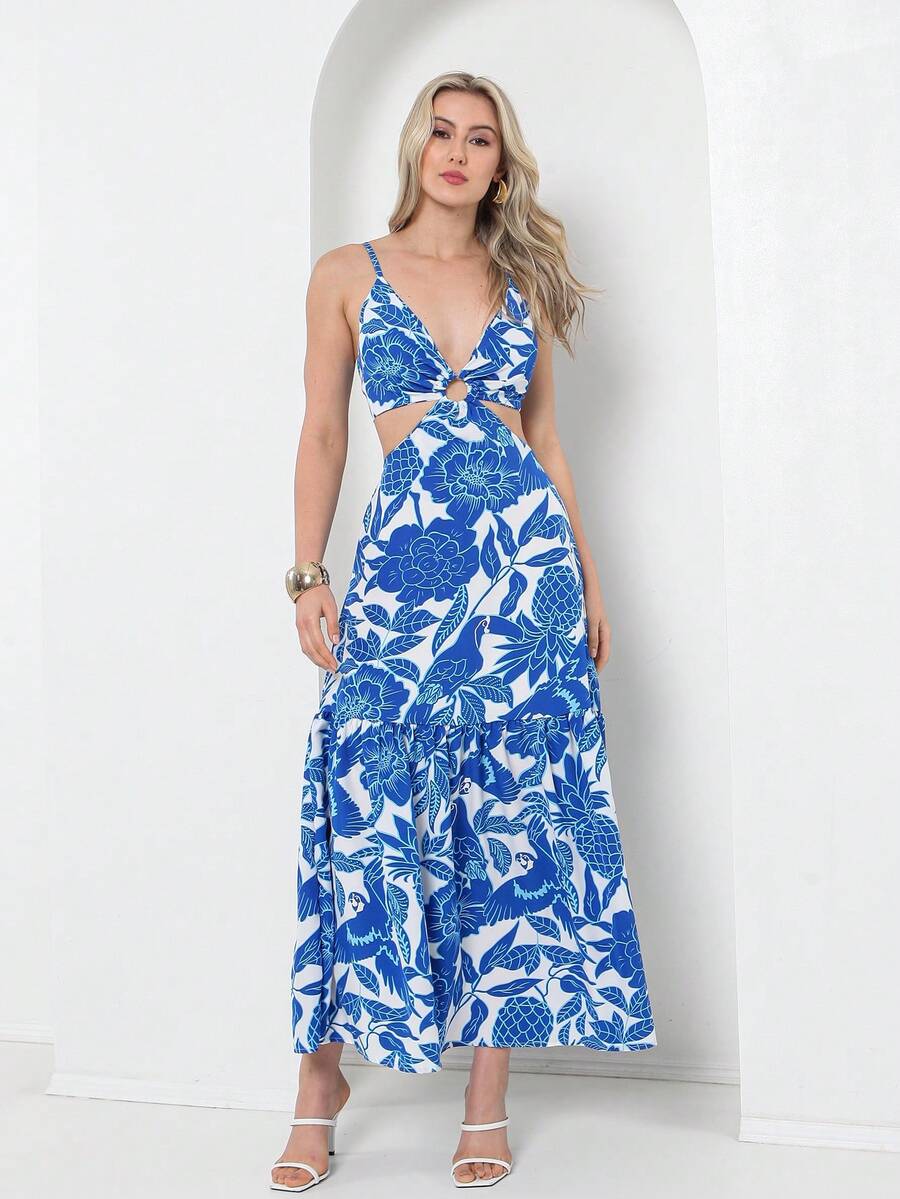 Dress With Elastane At The Back, You Can Tie It At The Back With A Print - 藍色 - 查看 1