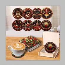 Set de 6 suporturi rotunde pentru pahare și suporturi pentru pahare de Crăciun, cel mai bine vândut, antiderapante și rezistente la căldură, cu eșarfă, om de zăpadă, Moș Crăciun, ren, brad de Crăciun, lumânare, felinar, pahare pentru pahare din lemn, decor de sărbători pentru casă, cadouri pentru petreceri de sărbători, opțiuni multiple