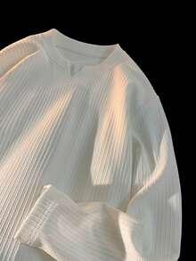 男士长袖竖条纹套头T恤，压纹效果，低调品质，优雅复古风格 - 白色 - 查看 5