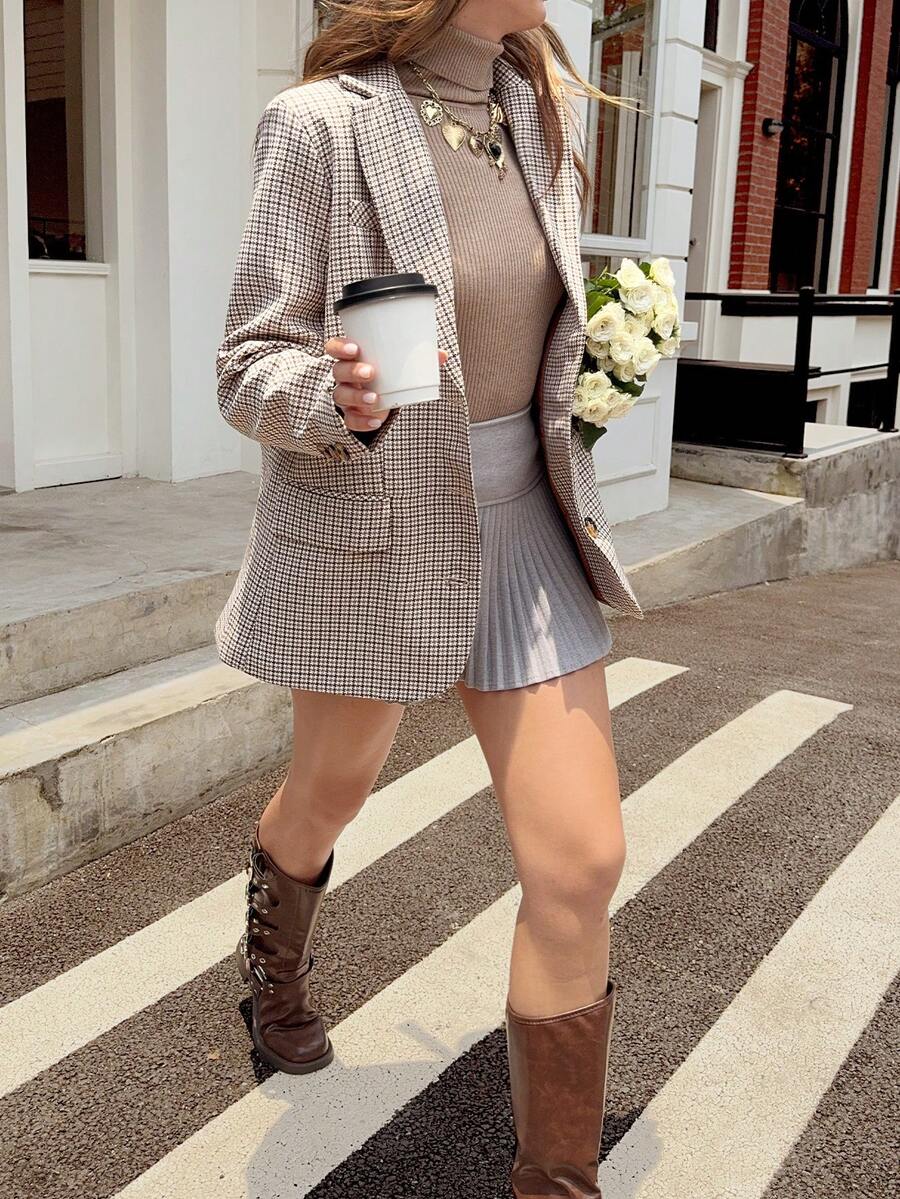 GLOpass Women's H-Shaped New Plaid Double-Layer Long Sleeve Loose Blazer Casual Versatile Jacket, Single-Breasted Design, Elegant Office Commuter Wear, Casual Jacket Top