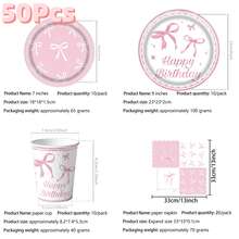 50Pcs Pink Bow Party Supplies Cute Supplies Bachelorette Party Tableware Set With Pink Bow Paper Plates Napkins Cups For Engagement Birthday Shower Wedding - Pink and White Bow Tableware Set - View 10