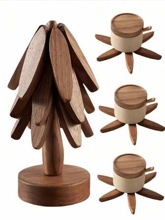 3/4 Trädformad Underlägg, Massivt Trä, Värmeisolerande Träskål med Matunderlägg, Träd Kaffeunderlägg, Biff Värmeisolerande Sexbent Stativ - 4 Trästativ 1 Stativ, Alla hjärtans dag-present Mors dag-present Julunderlägg, Halloween-underlägg, Borddekoration, Underlägg, -Isolerande Tallriksunderlägg, Halloweenpresenter