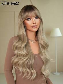 7JHH WIGS Stylish Ombre Silver Wigs Extra Long Wavy Wig With Bangs Dark Roots, High Density Heat-Resistant Fiber Hair, Fluffy Natural Synthetic Wigs For Women Daily Party Use 28 Inch Beginners Glueless Wig Accessories - 銀色 - 查看 1