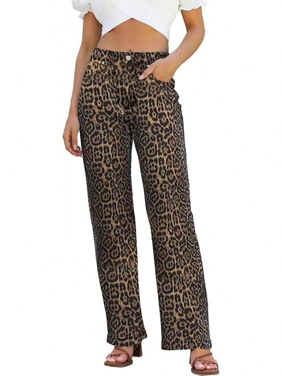 Jeans High Waisted Straight Leg Loose Jeanshalloween - 咖啡豹紋 - 查看 1