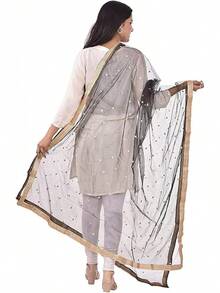 Woman's Embellished Net Dupatta Scarf Shawl Wrap Soft Bridal Wedding - 黑色 - 查看 3