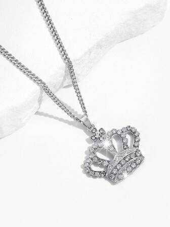1pc Fashion New Hollow Crown Shaped Pendant Necklace, Decorated With Rhinestones, Suitable For Women's Daily Wear And Gift