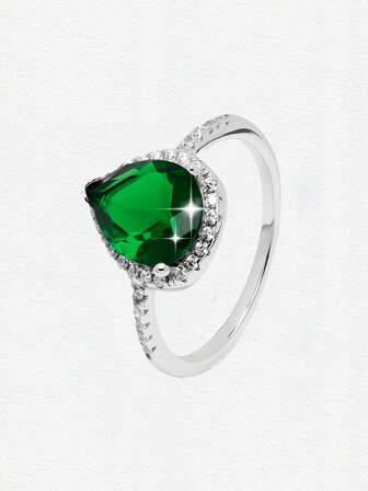 1pc S925 Silver/Green Gemstone Wedding Ring, Featuring Pear-Cut Cubic Zirconia Center Stone, Elegant & Sophisticated, Suitable For Engagement/Wedding, Great Gift For Wife/Family On Christmas, Valentine's Day