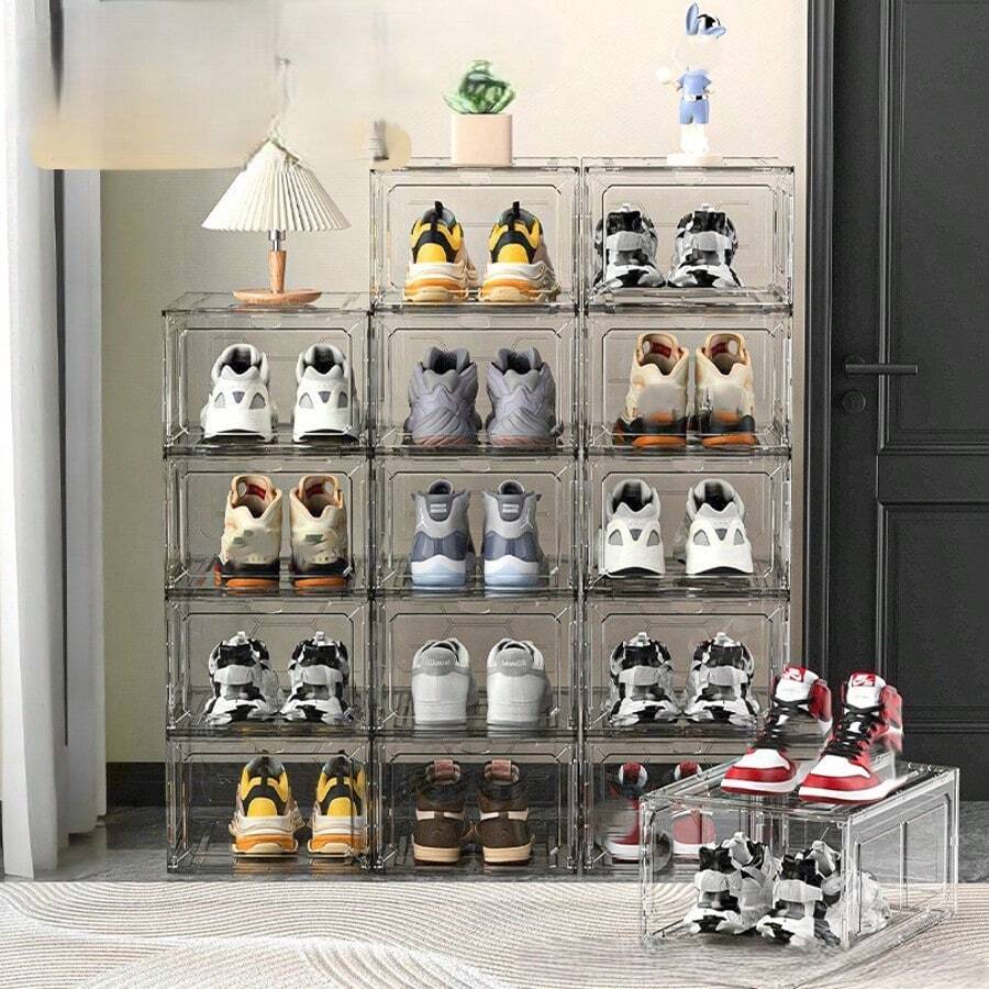 1pc 6-Sided Fully Transparent Plastic Shoe Storage Box, Anti-Oxidation Shoe Display Box For Home Use - Grey - View 1