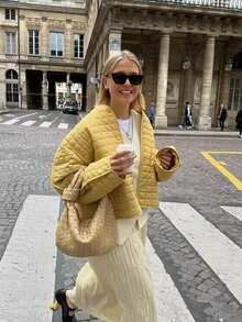 Chaqueta acolchada y acolchada amarilla para mujer, abrigo casual y suelto para otoño