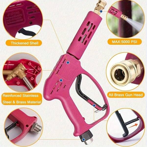 360° Anti- High Pressure Washer Gun, 3/8" Quick Connect, Max 5000 PSI, With 5 Different Angle Nozzles, 3/8" Swivel Connector, Suitable For Car, Driveway, Patio High Pressure Cleaning