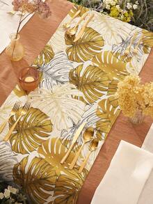 1pc Vintage Turtle Shell Leaf Print Linen Table Runner, Suitable For Holidays, Parties, Birthdays, Dinners, Kitchen & Dining Room Decor, Dresser/Cabinet Cover, All Season Home Decor