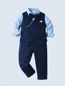 BOARNSEORL 3pcs Young Boys Gentleman Outfit Set - White Long Sleeve Shirt, Vest With Bow Tie, And Pants, Fashionable And Stylish For Birthday Party, Wedding, Anniversary Celebration