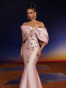 Anymoon Luxury Off Shoulder Sequin Floral Applique Mermaid Long Evening Dress - Bụi hồng - Xem 5