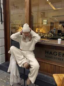 两件套女士休闲外出约会套装，纯色罗纹短裤搭配长袖针织衫和抽绳针织裤，街头风穿搭，女士两件套，女士休闲装，女士春季服装，女士度假装，女士节日装，女士优雅上衣，女士夏季服装，女士派对装，Y2K时尚，女士演唱会服装 - 杏色 - 查看 2