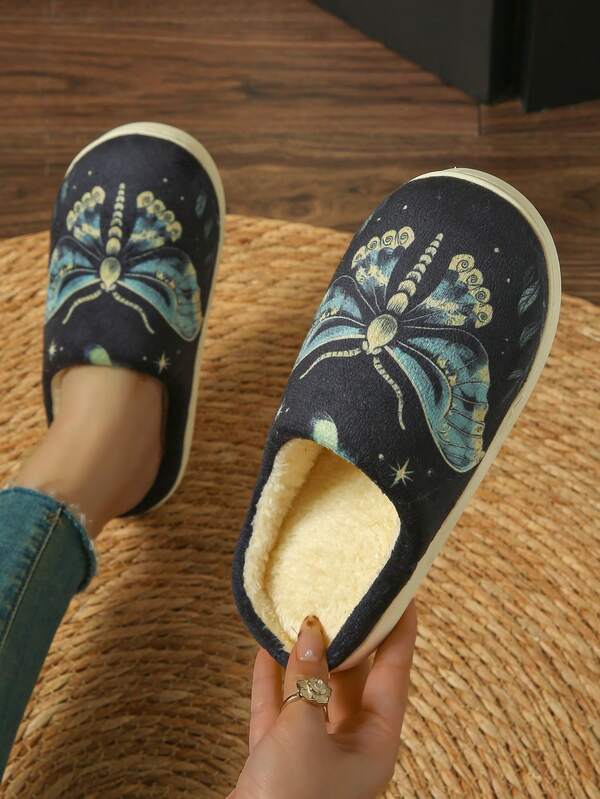 Women's Butterfly Print Plush Warm Slippers, Soft Comfortable Slip-On House Shoes With Thick Sole For Indoor/Bedroom, Autumn/Winter