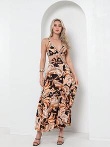 Vestido com elastano atras , da pra amarra atras com estampa - Castanho - Visão 2