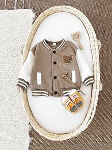 Newborn Baby Boys/Girls Thick Bear Embroidered Brown Baseball Jacket, Warm & Windproof For Autumn/Winter - Brown - View 3