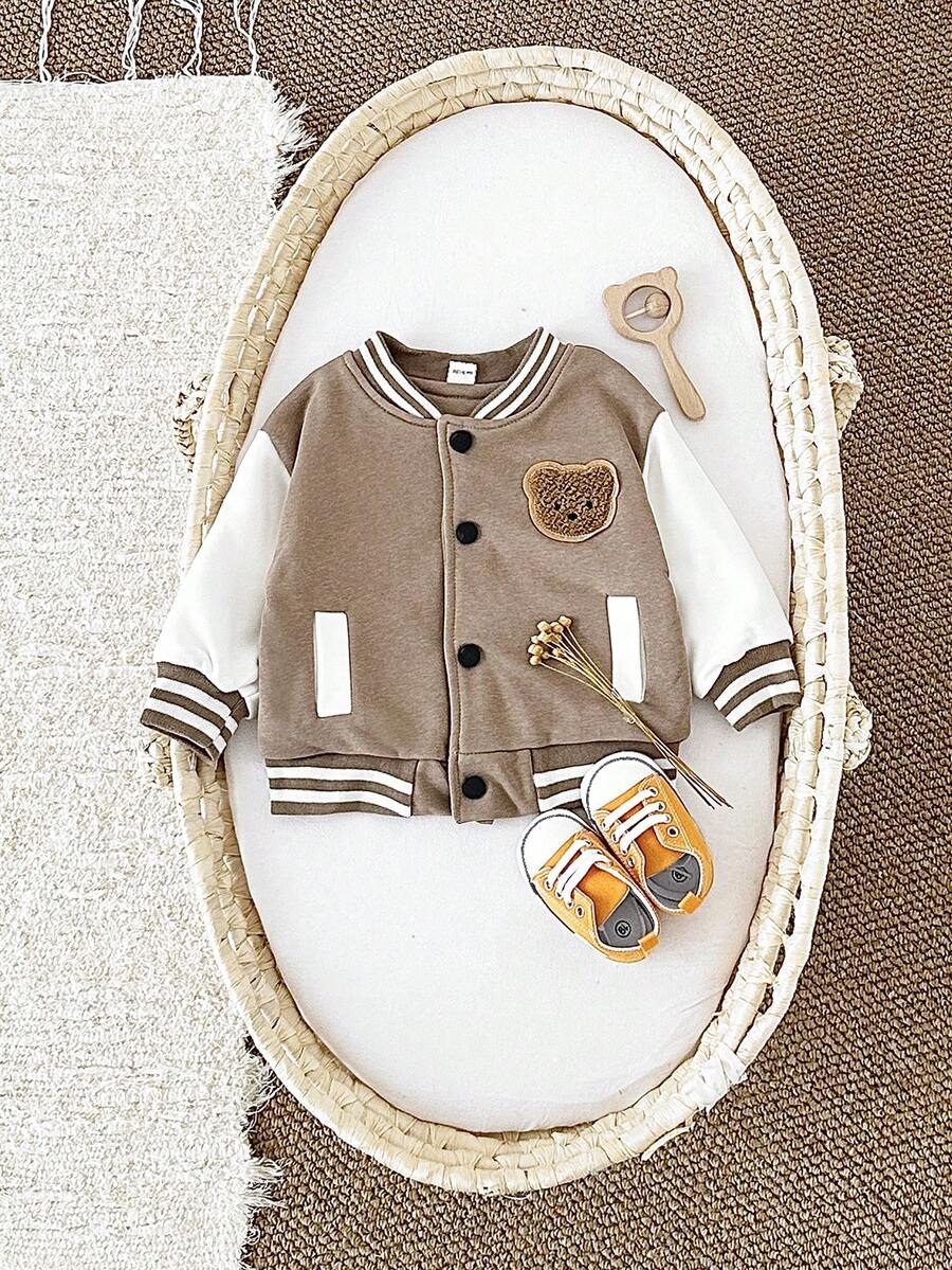 Newborn Baby Boys/Girls Thick Bear Embroidered Brown Baseball Jacket, Warm & Windproof For Autumn/Winter - Brown - View 1