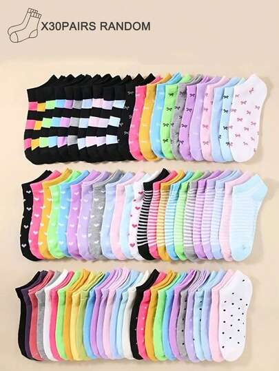 Set de 5 pares/10 pares/20 pares/30 pares de calcetines coloridos para niños con diseño de lunares, corazones y moños, ideales para uso diario, actividades al aire libre, vestimenta escolar, estilo y color aleatorios