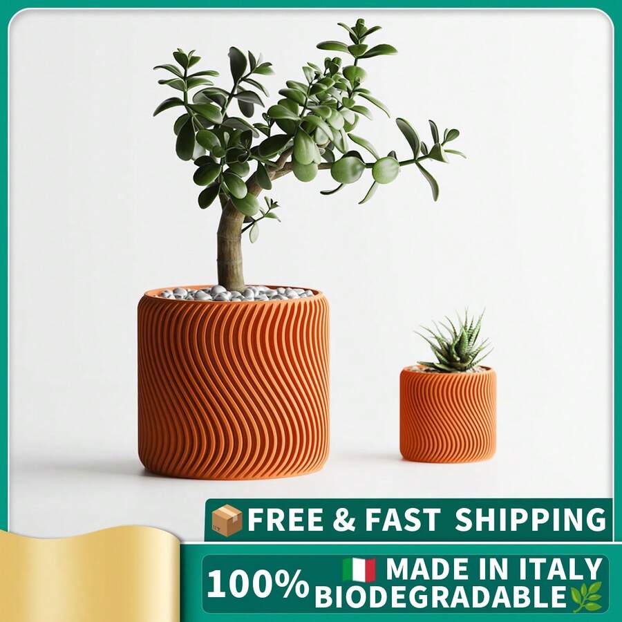 ORIZZONTE Modern Decorative Vase With Spiral Wave Texture – Creative Design For Plants, Cactus, Bonsai – Home/Office Gift Idea – Available In 2 Sizes – 100% Made In Italy, Shipping From Italy - 橘色 - 查看 1