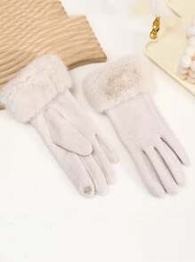 1 par de guantes de dedo completo de unicolor, elegantes y casuales, de poliéster con pantalla táctil, con forro cálido, de moda para mujer, para otoño/invierno