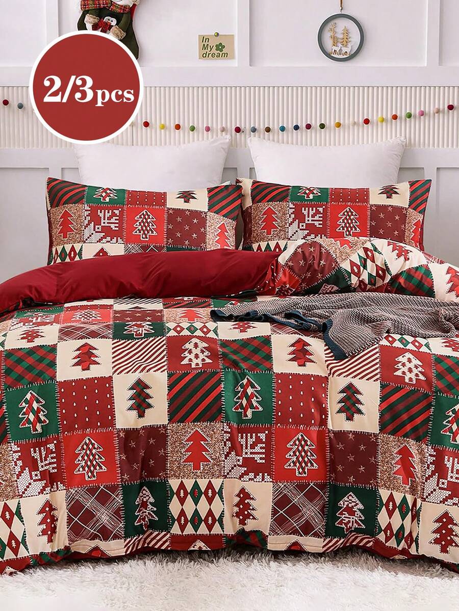 2/3-teiliges Weihnachtsbaum Rot & Grün Karomuster Flanell Bettbezug Set, geeignet als Weihnachtsgeschenk für Mädchen, Jungen und Studenten, Einzelbett/Vollbett/Queensize/Kingsize - Verschiedenfarbig - Übersicht 1