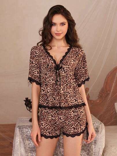 2pcs Women Sleepwear Pajama Set, Vintage Sexy Leopard Print Lace Patchwork, Ice Silk Fabric Slim Tie Front Top And Shorts, Fall Winter Clothes