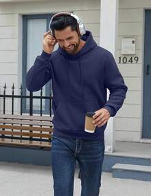 Men Cotton Fleece Hooded Sweatshirt Casual Long Sleeve Hoodies Pullover Fashion Drawstring Hoodie With Kanga Pocket - 藍紫色 - 查看 2