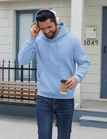 Men Cotton Fleece Hooded Sweatshirt Casual Long Sleeve Hoodies Pullover Fashion Drawstring Hoodie With Kanga Pocket - 淺藍色 - 查看 2