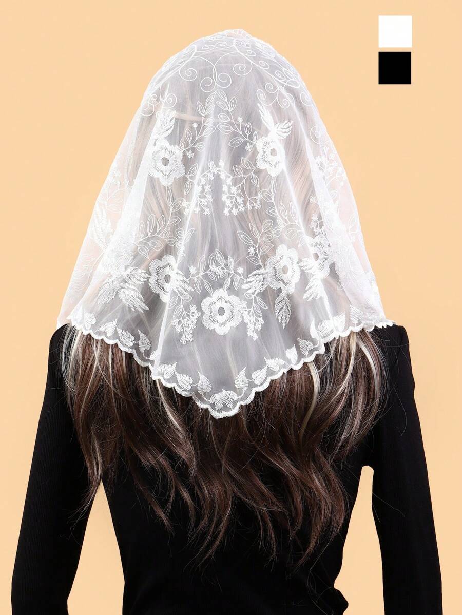 1pc Women's Lace Embroidery Triangular Scarf, Floral Breathable Headscarf/Shawl, Elegant Wedding Veil Scarf