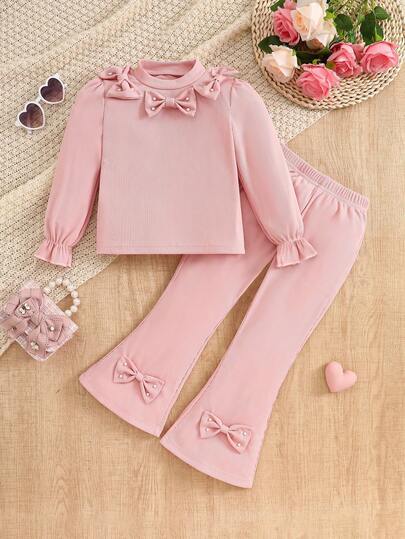 Mädchen Frühling/Herbst/Winter Mode Neues Set mit Rundhals-Puffärmel Design mit elastischem Rüschen-Bund, 3 Schleifen mit Perlen Dekor, elastische Taille & Saum Perlen Weite Hose 2 Stücke, Pink