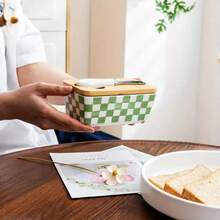 1 Ceramic Butter Plate With A Butter Knife And Bamboo Lid, Equipped With A Silicone Sealing Ring, With A Capacity Of 350 Ml ≈ 11.83 Oz, A Storage Container For Cheese/Butter, Rustic Style, Decorative Floral Pattern, Suitable For Storing Butter, Cheese, And Pigments, Applicable For Countertops, Kitchens, And Dining Rooms, Durable Ceramic Material, Easy-To-Clean Retro Rustic-Style Butter Storage Kitchenware