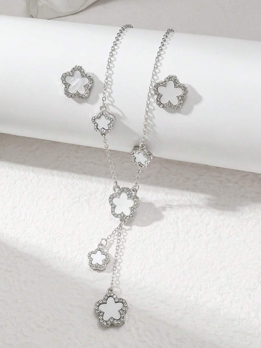 5pcs/Set 3pcs/Set Crystal Clover Pendant Necklace & Double-Sided Ring Jewelry Set, Suitable For Women's Daily Wear - Silver - View 1