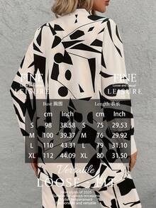 Women's Geometric Print Long-Sleeve Cardigan, Long Shirt & Pants Set - Casual Vacation Style, Soft & Comfortable Fabric - Women's Autumn Apparel - 杏色 - 查看 5