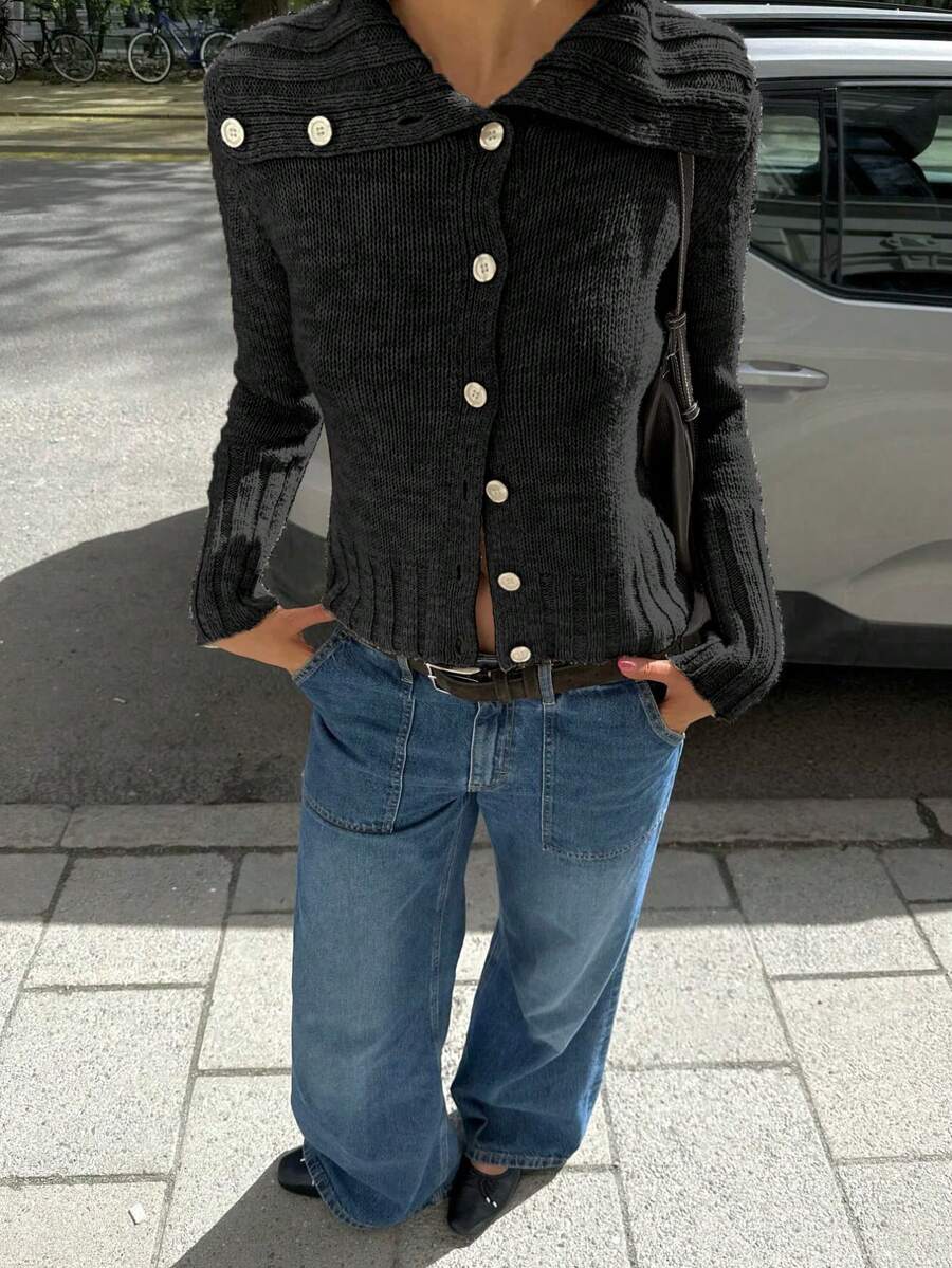 Senya 女士秋冬新款翻领纽扣长袖针织开衫，休闲修身日常毛衣上衣，时尚轻便外套，适合毕业季和返校季穿着 - 黑色 - 查看 1