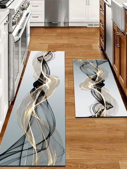 1 Stück Abstrakte Linien Muster Silikon Küchenmatte. Die Hauptfarben sind Schwarz und Gold, mit Linien wie dynamische Bänder oder ineinander verschlungener Rauch, die einen fließenden und sich verändernden visuellen Effekt präsentieren und eine moderne, modische und künstlerische Atmosphäre verleihen. Die Küchenmatte hat ein luxuriöses und stilvolles Design, Polsterung und Ermüdungsschutz für den Kücheneinsatz. Die Oberfläche besteht aus Stoffmaterial, mit einem mittleren saugfähigen Schaumstoffmaterial. Badezimmer Küche Dekoration Küchenteppich