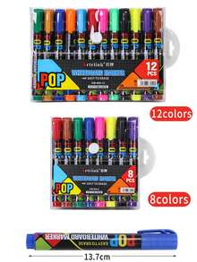 1pc 12 Colors/8 Colors Whiteboard Marker Pens, Large Capacity Refillable, Broad & Round Tip, For Teachers, Students, Drawing Boards, Writing