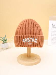 1 件儿童保暖针织帽，带 BOSTON 1630 刺绣标志，滑雪保暖翻边针织帽，适合男孩和女孩，秋冬