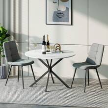 Dining Table And Chairs Set Of 2, White Folding Round Dining Table With 2 Grey Linen Fabric Chairs For Dining Room, Kitchen, Living Room - White Marble Table + 2 Gray Linen Chairs - View 2