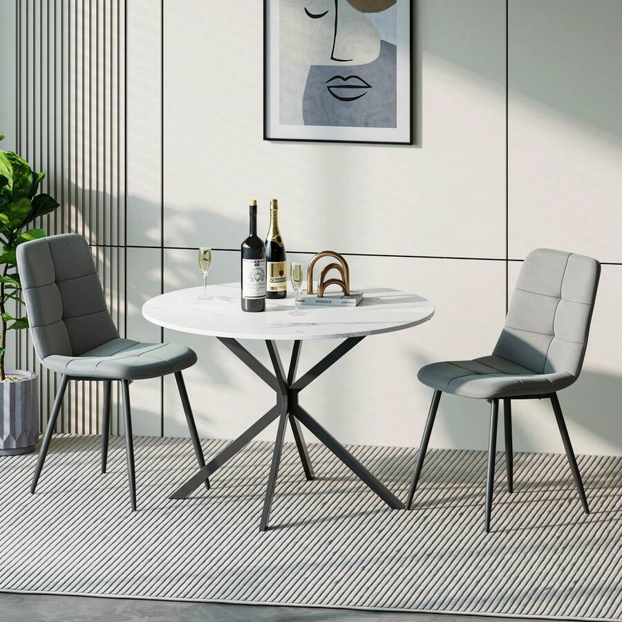 Dining Table And Chairs Set Of 2, White Folding Round Dining Table With 2 Grey Linen Fabric Chairs For Dining Room, Kitchen, Living Room