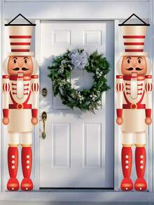1 Pair Christmas Door Banner, White Nutcracker Soldier Hanging Banner, Gatepost Couplet, Merry Christmas Door Hanging, Welcome Porch Sign, Christmas Party Hanging Ornaments, Christmas Party Decor, Xmas Decor, Christmas Decorations For Home, Christmas Party Favors, Photo Booth Props, Home Decor, Door Decor, Indoor Outdoor Events Supplies, Yard Decor, Festive Family Accessory, New Year Decorations, Winter Decorations