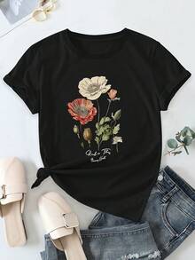 Women's 100% Cotton Floral Print T-Shirt - Casual Black Short-Sleeved, Crew-Neck Top With A Vibrant Poppy Print; Foliage Pattern, Summer Tops, Spring/Summer Casual Wear, Women's T-Shirts, Summer Fashion, Breathable Fabric - Black - View 3
