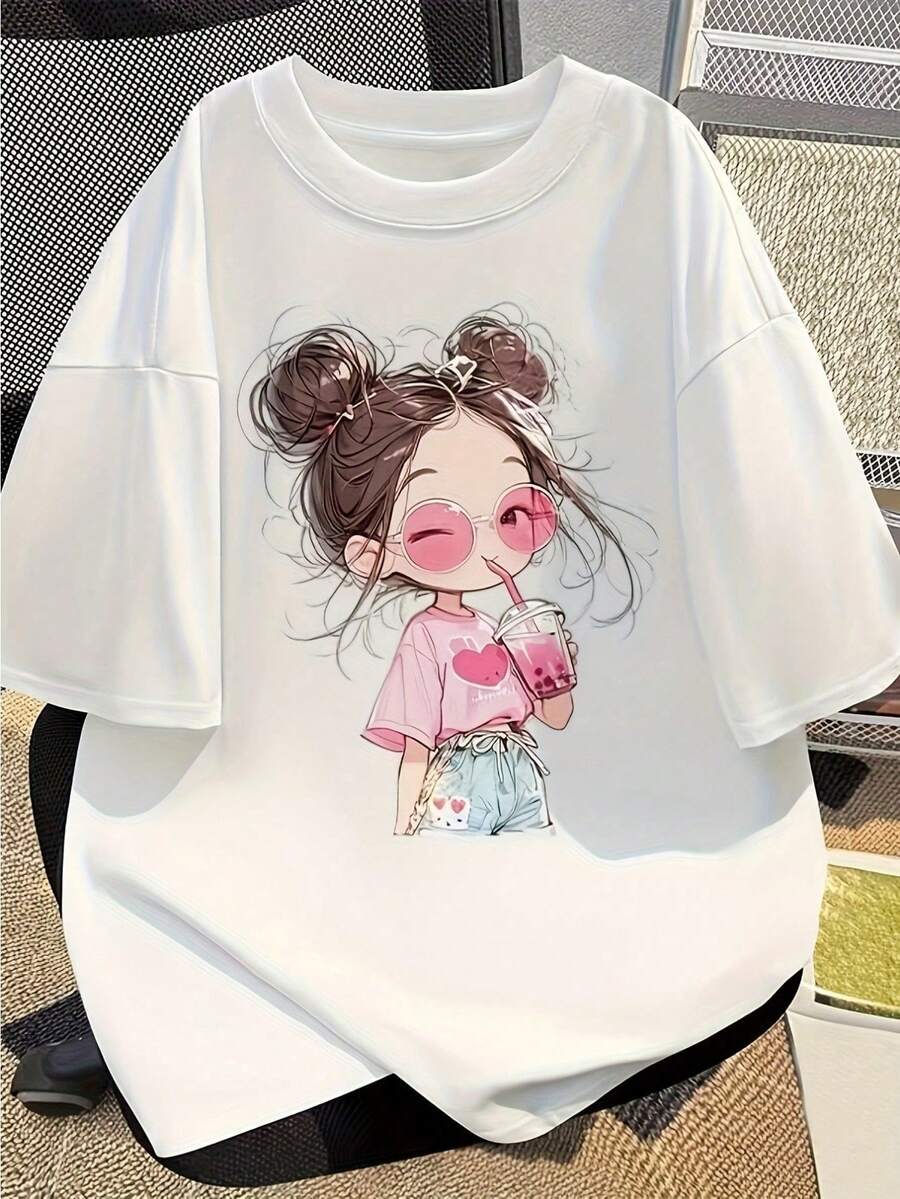 100% Cartoon Cute Printed Short Sleeve Round Neck T-Shirt, Summer New, Loose Fit, For Women - White - View 1