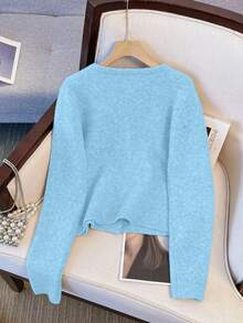 1pc Solid Color Front Button Round Neck Casual Loose Minimalist Metal Button Long Sleeve Sweater, Versatile Spring/Winter Tops For Women - Baby Blue - View 3