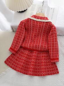 冬季毛衣套装年轻女孩优雅长袖翻领单排扣外套和红色格子裙秋季 2 件套 - 紅色 - 查看 2