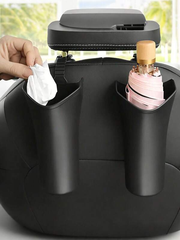 Set de 2 organizadores colgantes para coche, cubo de almacenamiento para paraguas - Papelera de coche con ganchos, portavasos y soporte para paraguas, organizador de asiento trasero de plástico para vehículo, diseño elegante y práctico