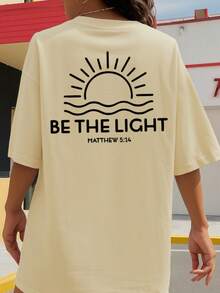 Be The Light Graphic T-Shirt, 180 G/M² Cotton T-Shirt With Double-Sided Print, Round Neck, Casual And Fashionable Style For Women (1 Piece) - 杏色 - 查看 4