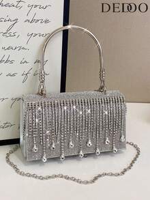 Dedoo 1 geantă de seară nouă cu strasuri - geantă strălucitoare cu ciucuri, potrivită pentru rochii de mireasă și rochii de domnișoare de onoare, curea metalică detașabilă pentru purtare pe umăr, cadou pentru femei, perfectă pentru petrecere, nuntă, bal/cină/banchet, asortată cu rochie de seară și rochie cu paiete