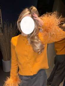Women's Button Down Sweater Cardigan Feather Cuff Long Sleeve Crew Neck Knitted Cardigans Fall Winter Knitwear - 橘色 - 查看 2
