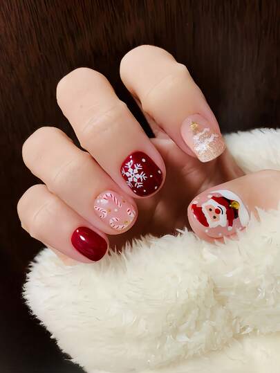 24 pezzi Set di unghie finte quadrate corte a tema natalizio - Comprende Babbo Natale vintage, Bordeaux elegante, Righe classiche a bastoncino di zucchero, Glitter oro e Disegni di alberi di Natale/nuvole/fiocchi di neve. Adatto per donne e ragazze. Il set contiene 1 foglio adesivo e 1 lima per unghie mini, gel trasparente. Accessori per unghie